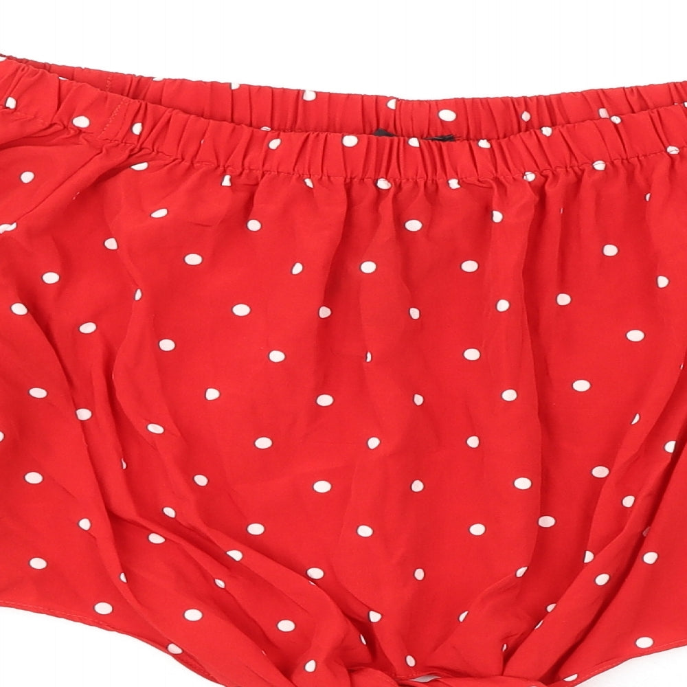 QED London Womens Red Polka Dot Polyester Cropped Blouse Size 16 Off the Shoulder - Tie Front