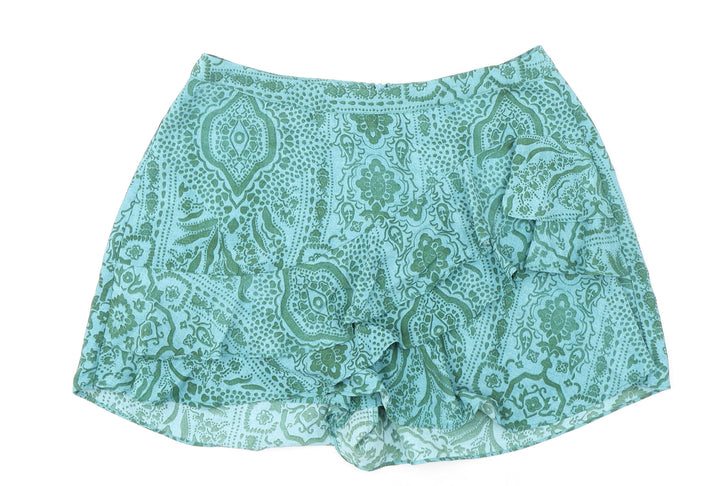 Zara Womens Green Paisley Polyester Skort Skirt Size S Zip - Ruffle Detail