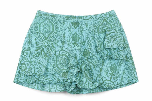 Front view of Zara women’s green paisley polyester skort skirt, size S, zip - ruffle detail