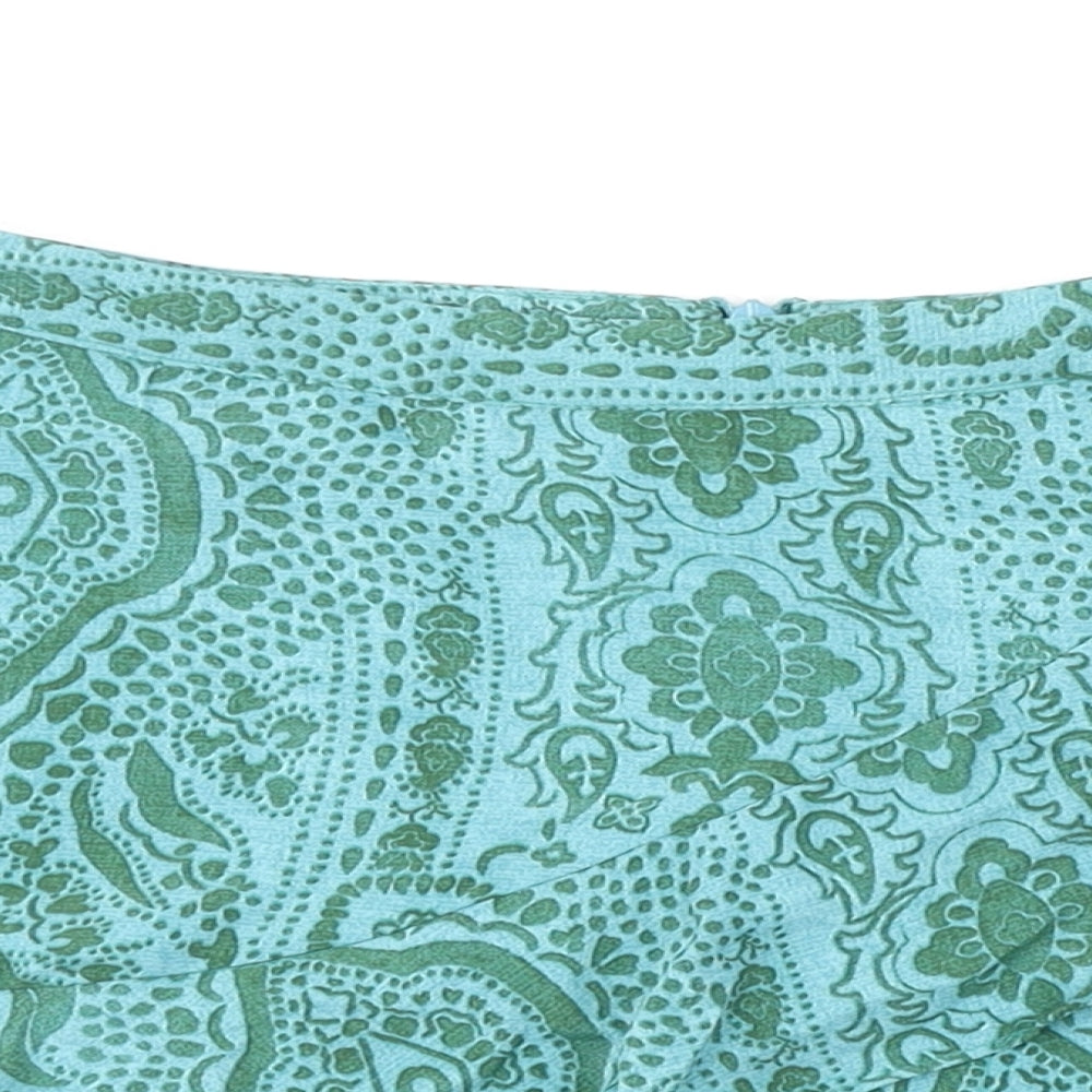 Zara Womens Green Paisley Polyester Skort Skirt Size S Zip - Ruffle Detail