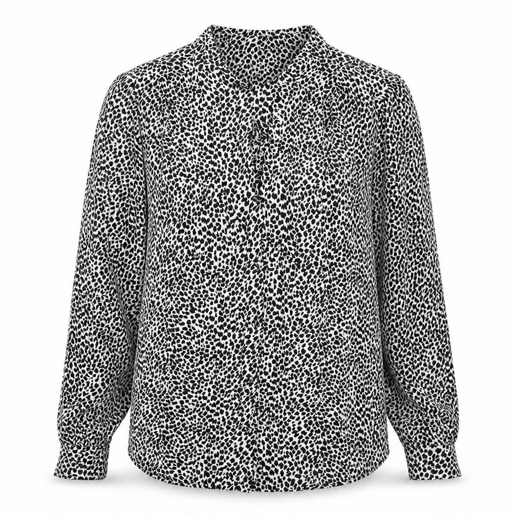 Front view of Oasis women’s black animal print viscose basic blouse, size UK 12, collared