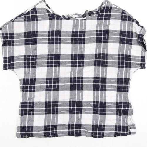 Marks and Spencer Womens Blue Plaid Cotton Basic T-Shirt Size 8 Boat Neck - Keyhole Back
