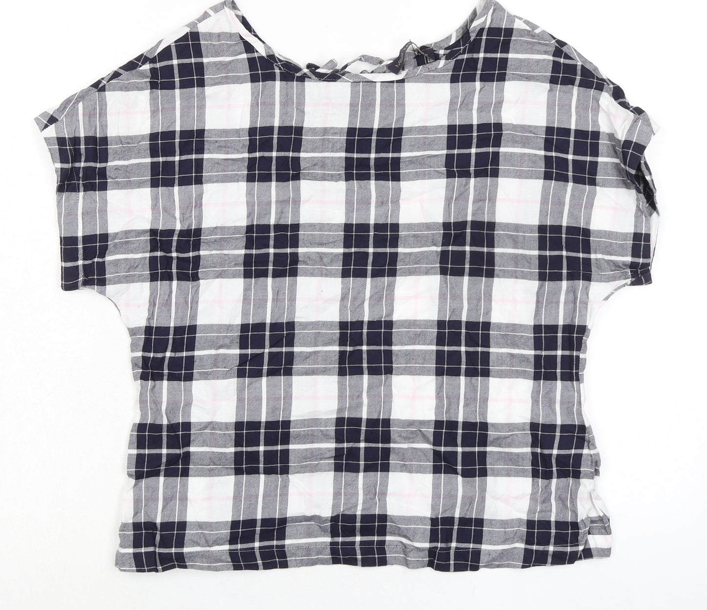Marks and Spencer Womens Blue Plaid Cotton Basic T-Shirt Size 8 Boat Neck - Keyhole Back