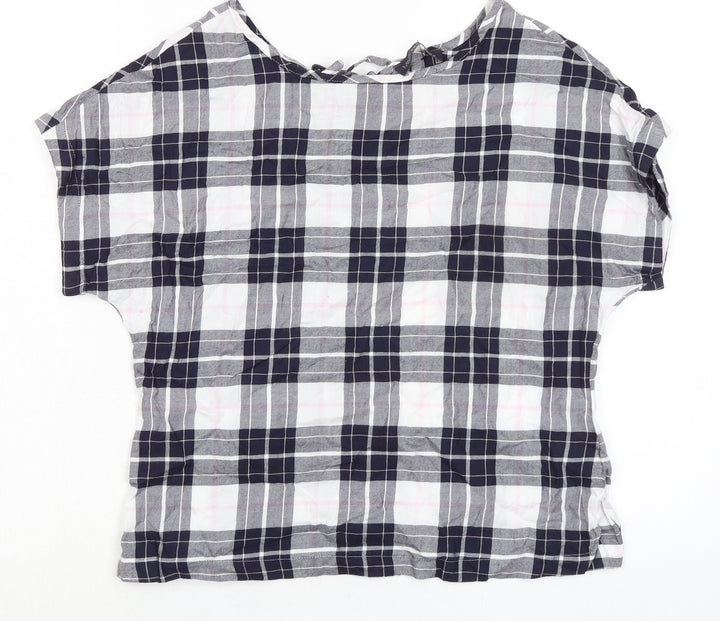Marks and Spencer Womens Blue Plaid Cotton Basic T-Shirt Size 8 Boat Neck - Keyhole Back
