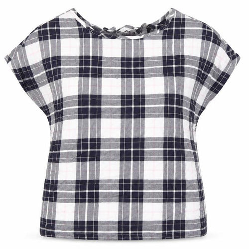 Marks and Spencer Womens Blue Plaid Cotton Basic T-Shirt Size 8 Boat Neck - Keyhole Back