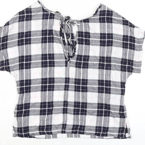 Marks and Spencer Womens Blue Plaid Cotton Basic T-Shirt Size 8 Boat Neck - Keyhole Back