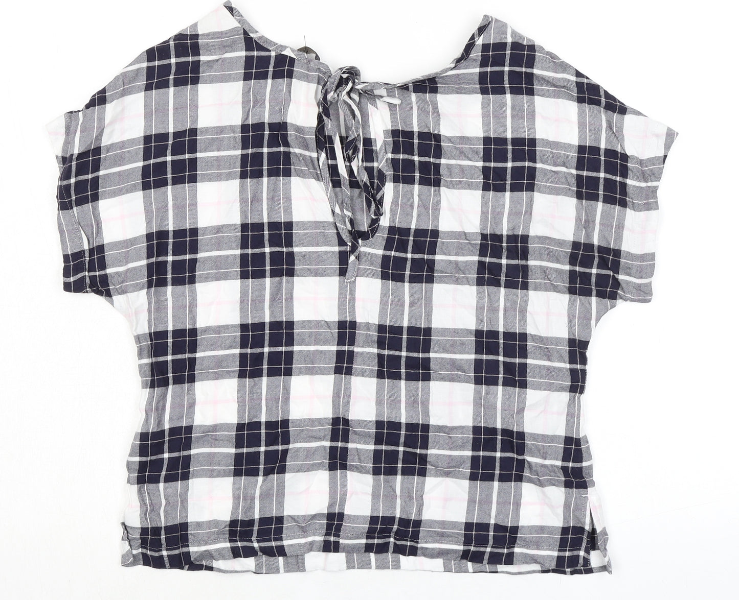 Marks and Spencer Womens Blue Plaid Cotton Basic T-Shirt Size 8 Boat Neck - Keyhole Back
