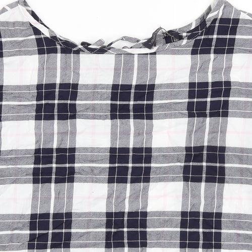Marks and Spencer Womens Blue Plaid Cotton Basic T-Shirt Size 8 Boat Neck - Keyhole Back