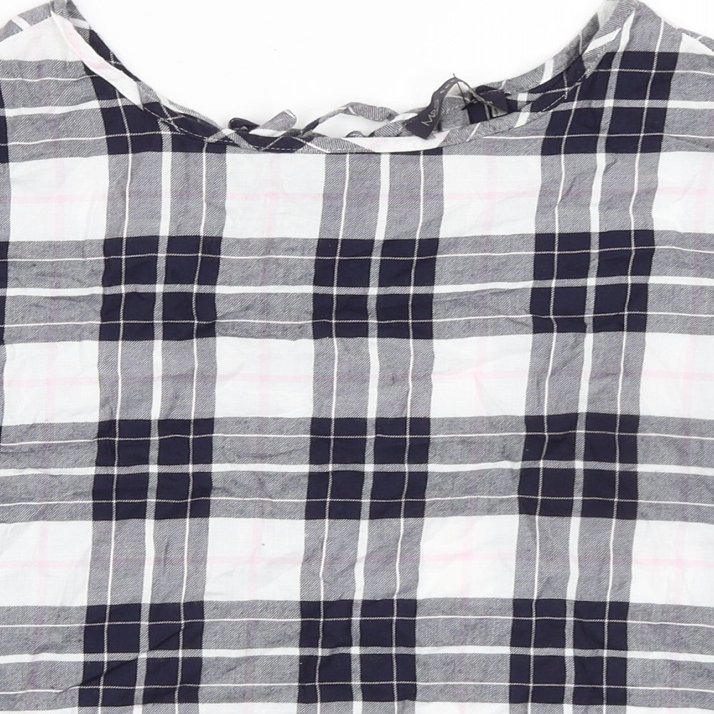 Marks and Spencer Womens Blue Plaid Cotton Basic T-Shirt Size 8 Boat Neck - Keyhole Back