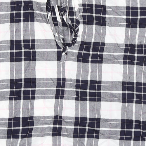 Marks and Spencer Womens Blue Plaid Cotton Basic T-Shirt Size 8 Boat Neck - Keyhole Back