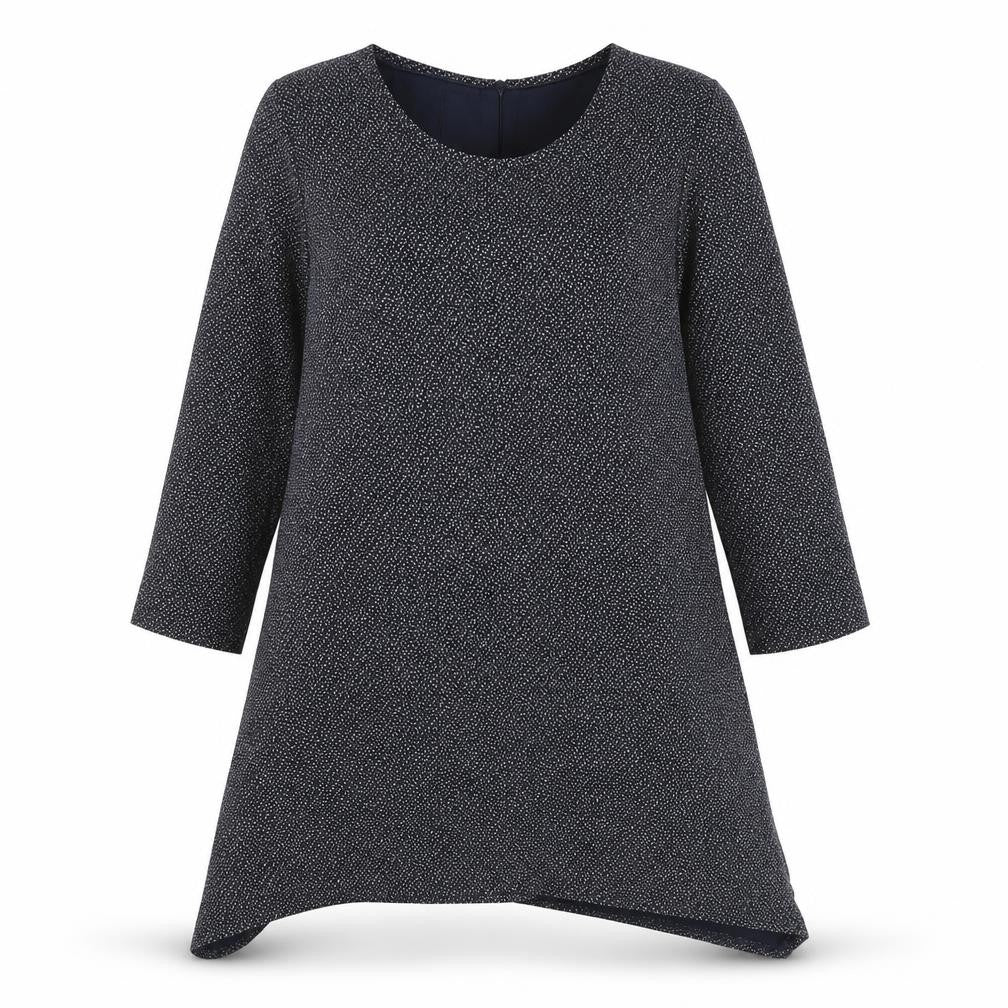Front view of Masai women’s blue geometric viscose a-line, size M, boat neck pullover