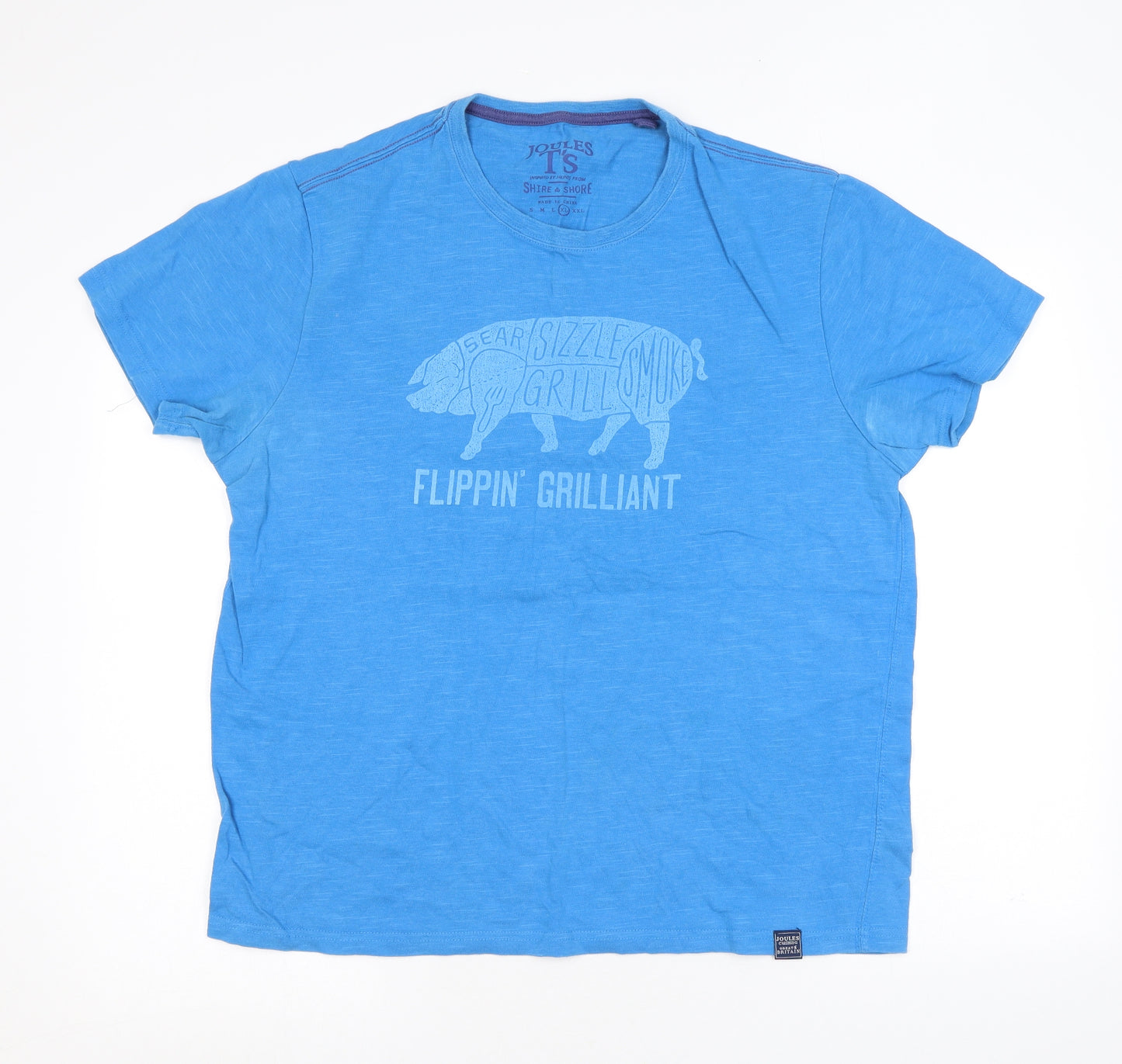 Joules Mens Blue Cotton T-Shirt Size XL Round Neck - Pig, Flippin Grilliant