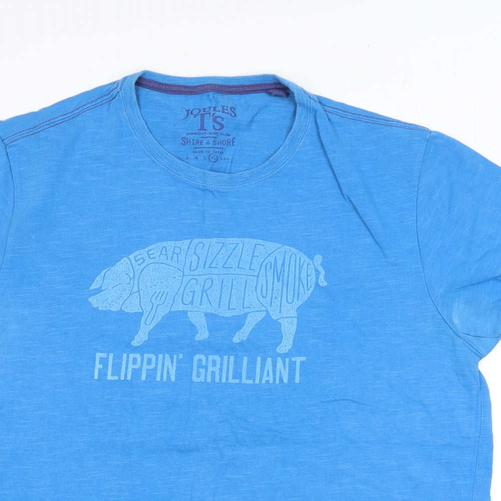 Joules Mens Blue Cotton T-Shirt Size XL Round Neck - Pig, Flippin Grilliant