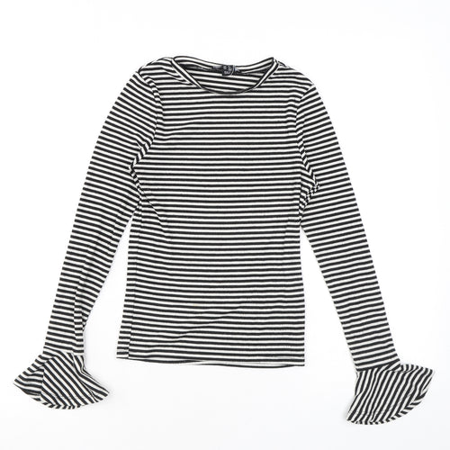 New Look Womens Black Striped Polyester Basic T-Shirt Size 6 Round Neck - Flared sleeves