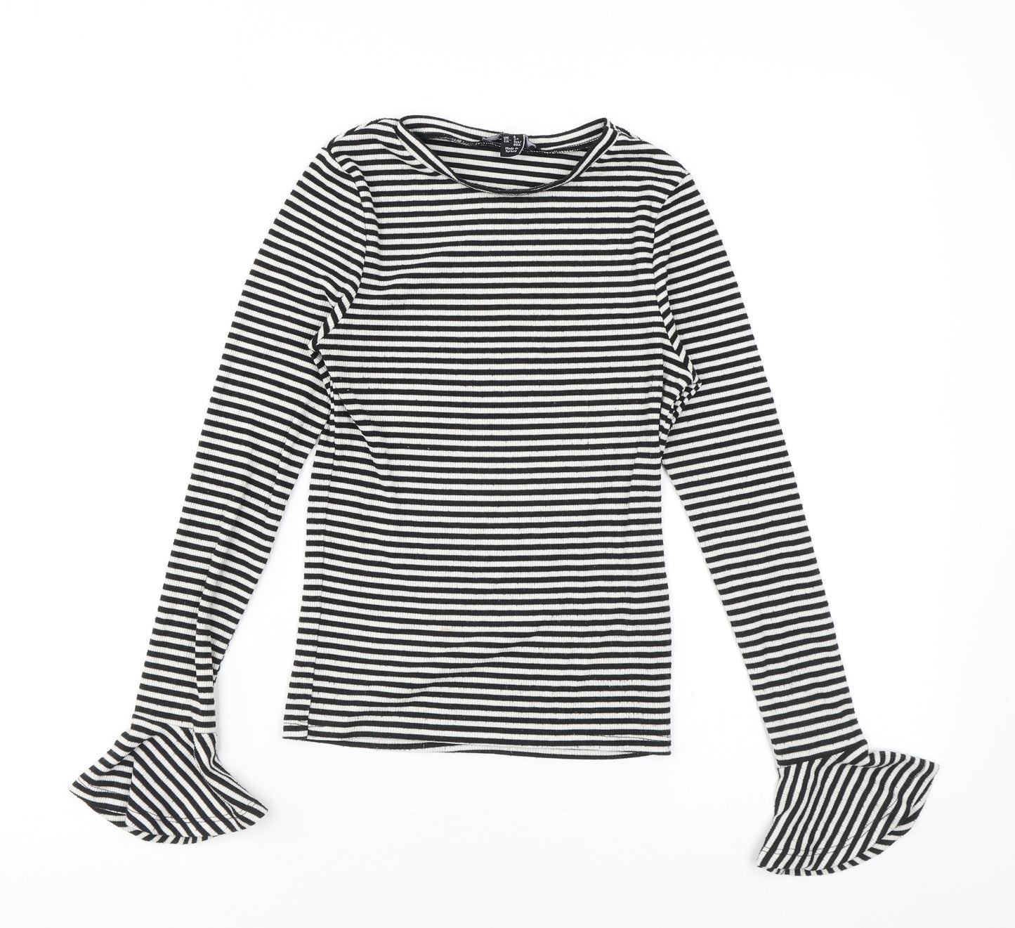 New Look Womens Black Striped Polyester Basic T-Shirt Size 6 Round Neck - Flared sleeves