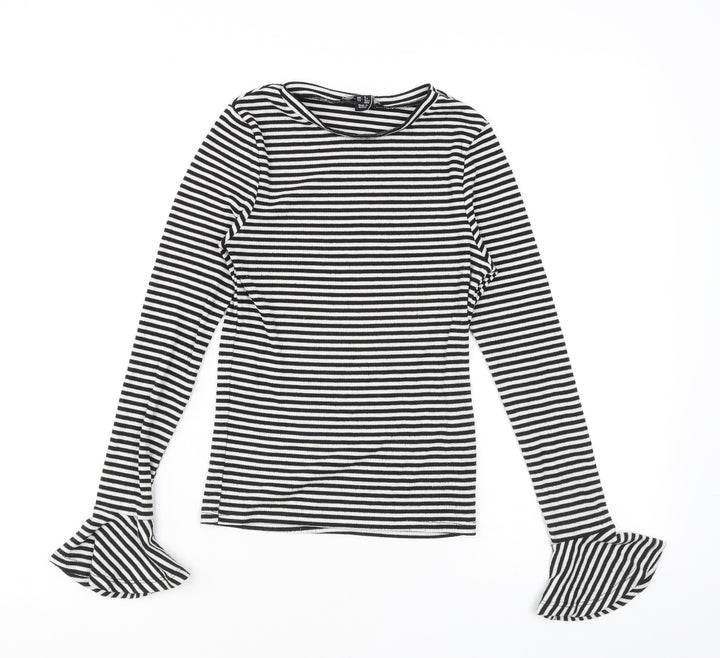 New Look Womens Black Striped Polyester Basic T-Shirt Size 6 Round Neck - Flared sleeves