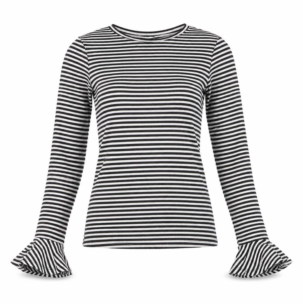 Front view of New Look women’s black striped polyester basic t-shirt, size UK 6, round neck - flared sleeves