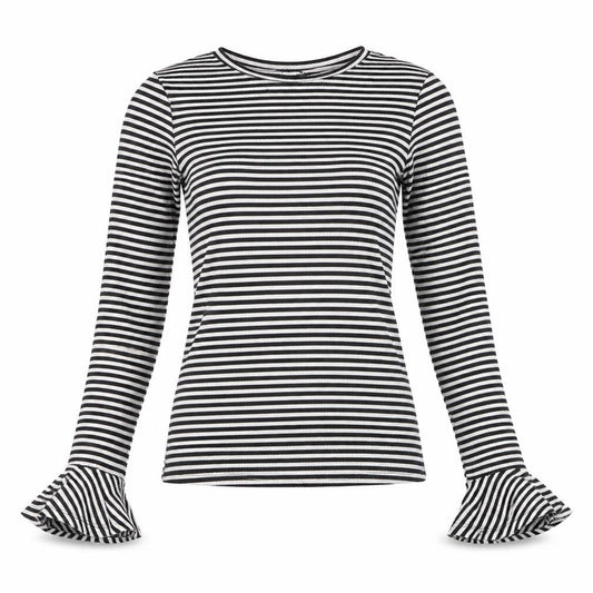Front view of New Look women’s black striped polyester basic t-shirt, size UK 6, round neck - flared sleeves