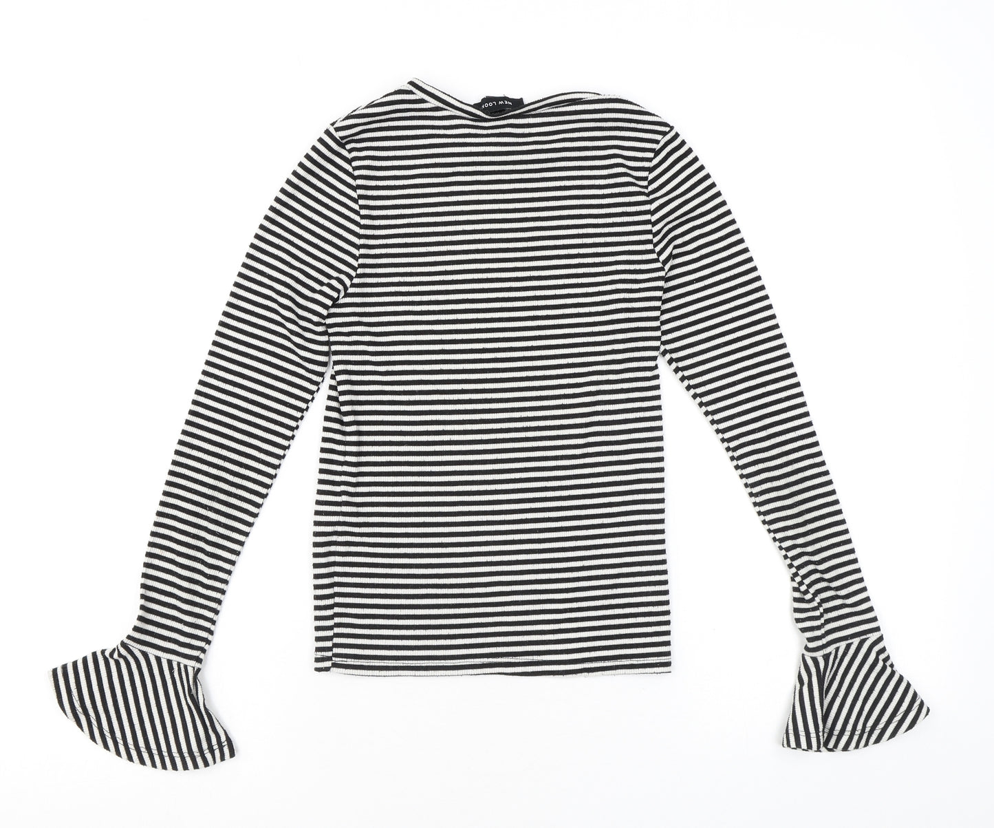 New Look Womens Black Striped Polyester Basic T-Shirt Size 6 Round Neck - Flared sleeves