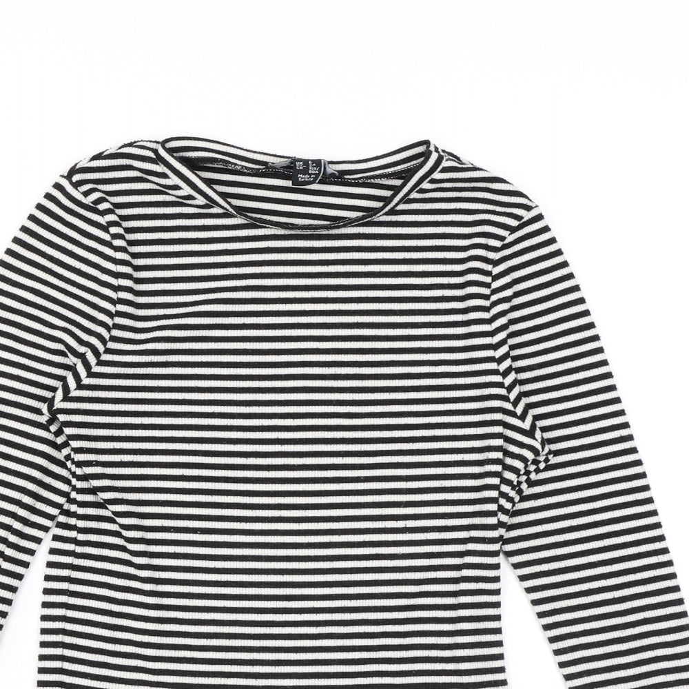 New Look Womens Black Striped Polyester Basic T-Shirt Size 6 Round Neck - Flared sleeves