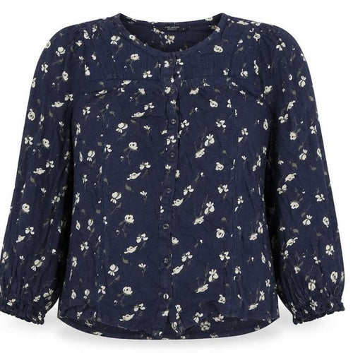 Lucky Brand Womens Blue Floral Cotton Basic Blouse Size S Scoop Neck