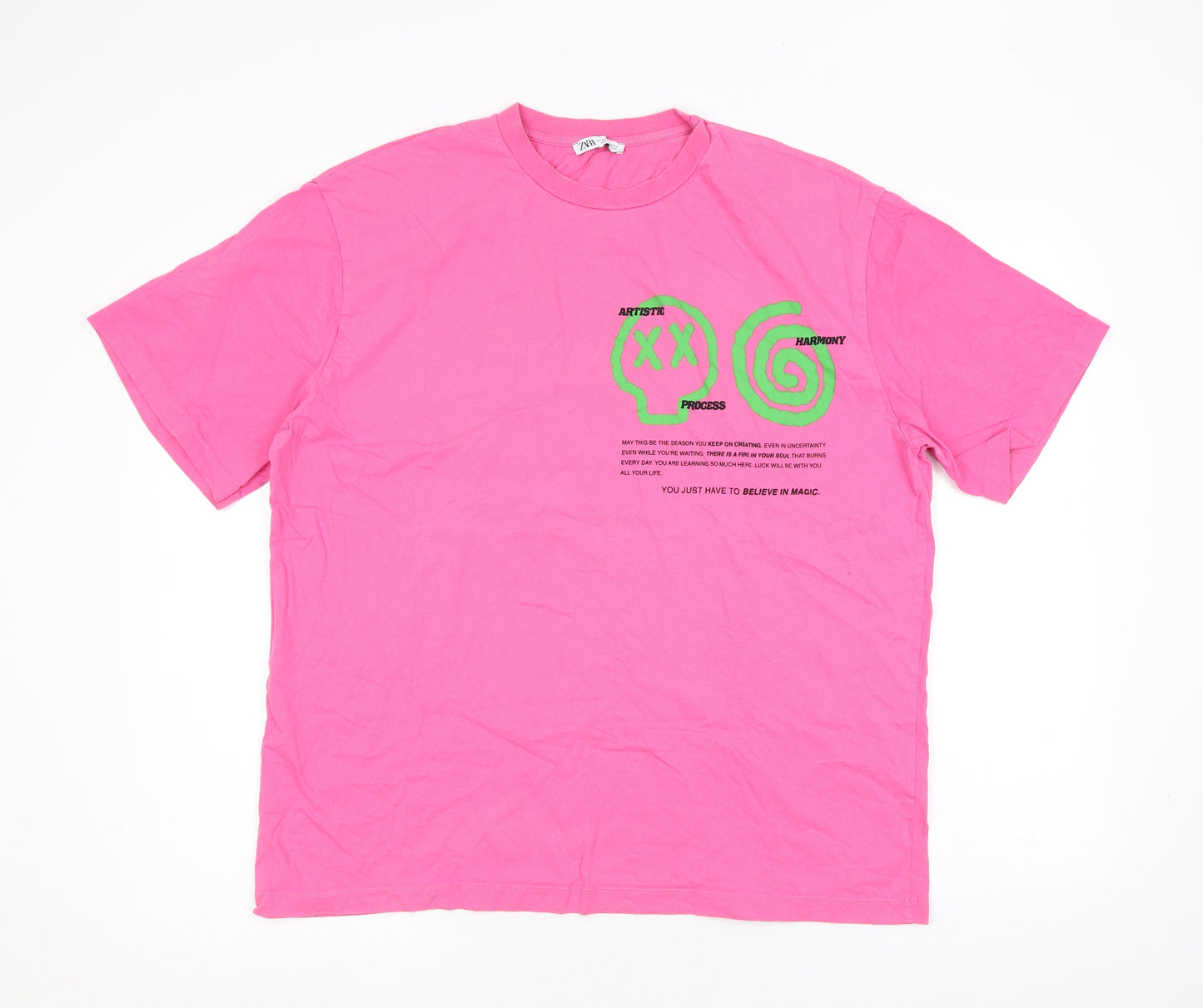 Zara Mens Pink Cotton T-Shirt Size M Round Neck