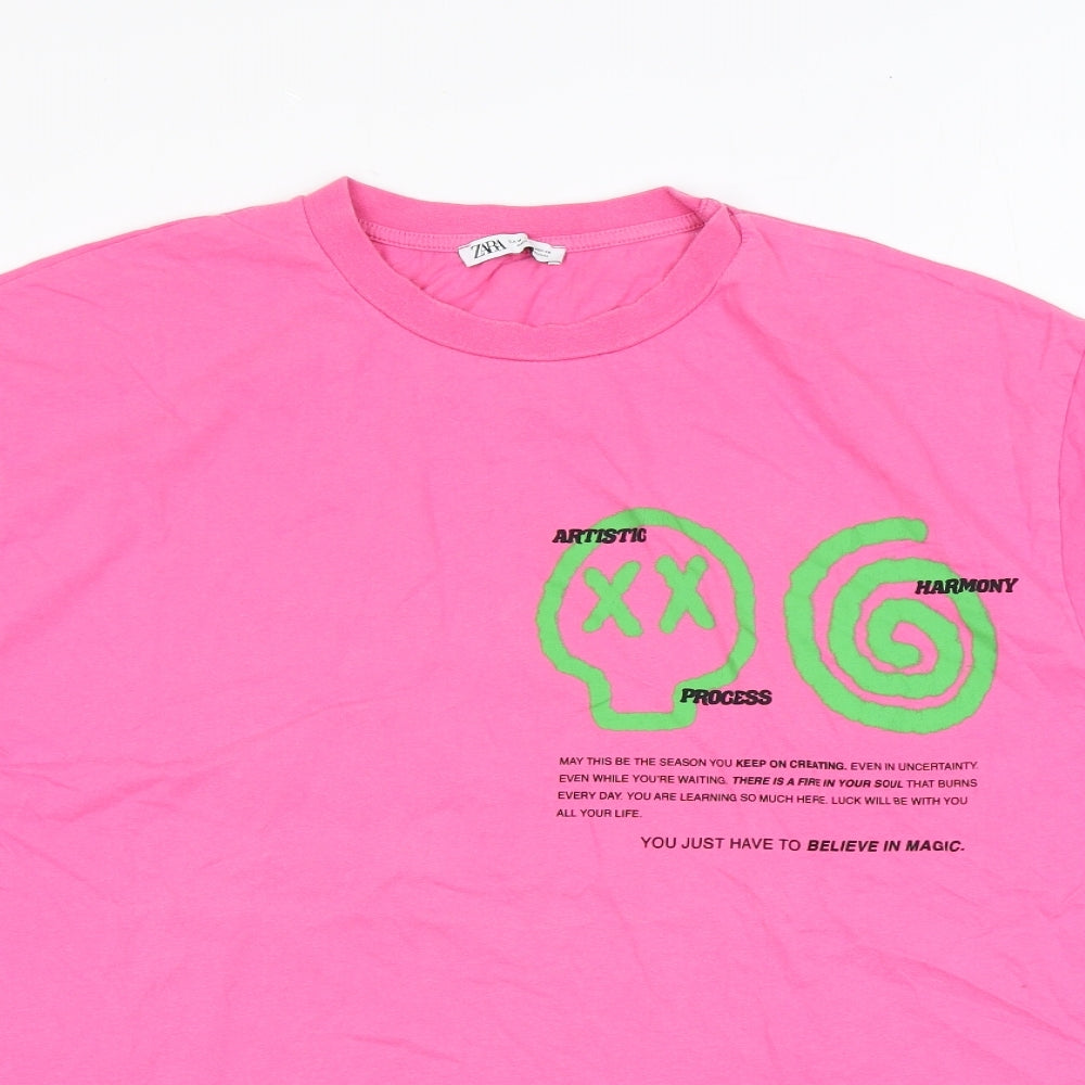 Zara Mens Pink Cotton T-Shirt Size M Round Neck