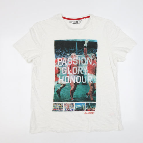 Shoot Mens White Cotton T-Shirt Size L Round Neck - Football