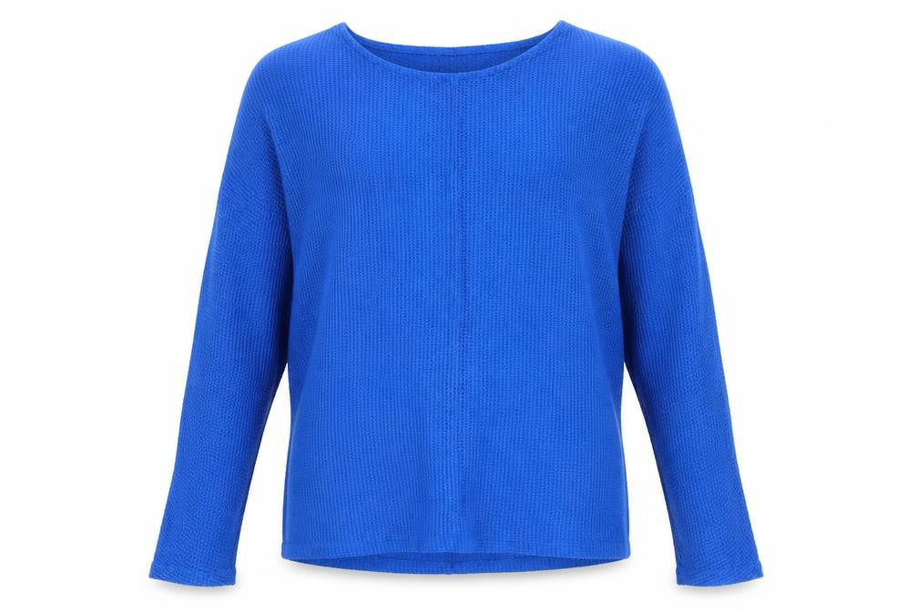 Front view of b.young women’s blue round neck cotton jumper, size L