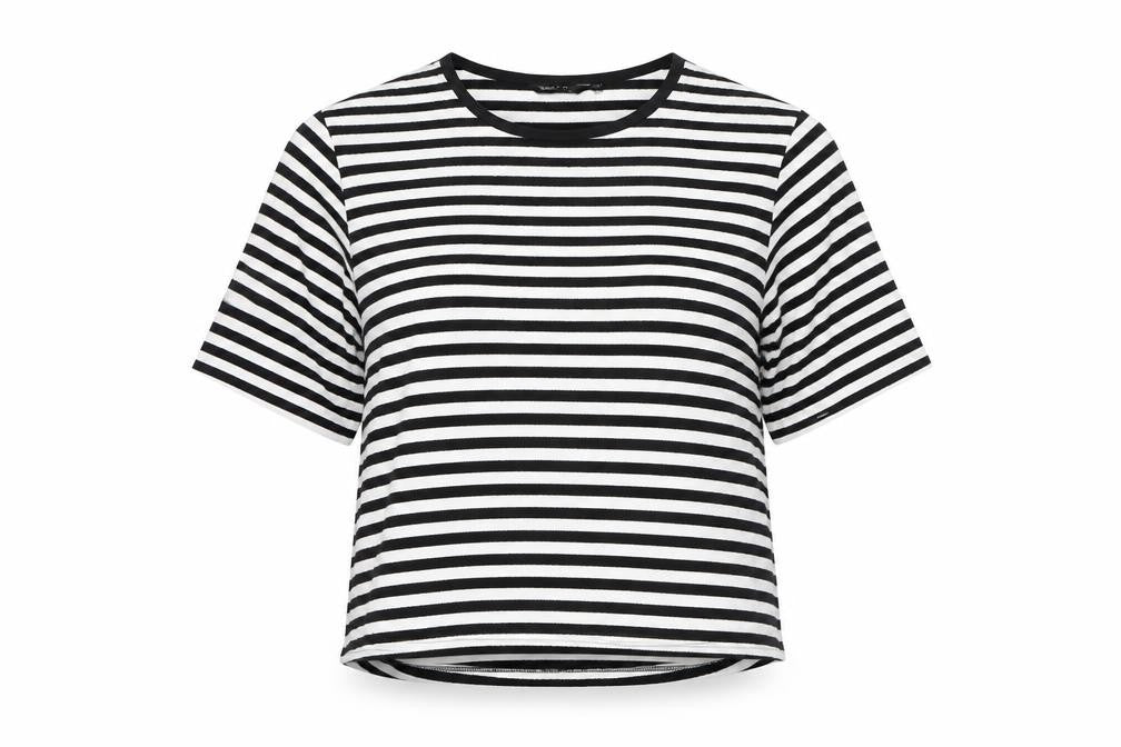 Front view of New Look women’s black striped viscose basic t-shirt, size UK 12, round neck