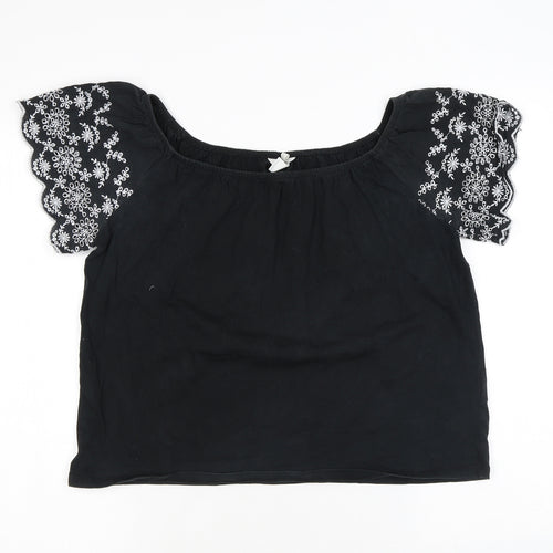 H&M Womens Black Cotton Basic T-Shirt Size XS Square Neck - Embroidery