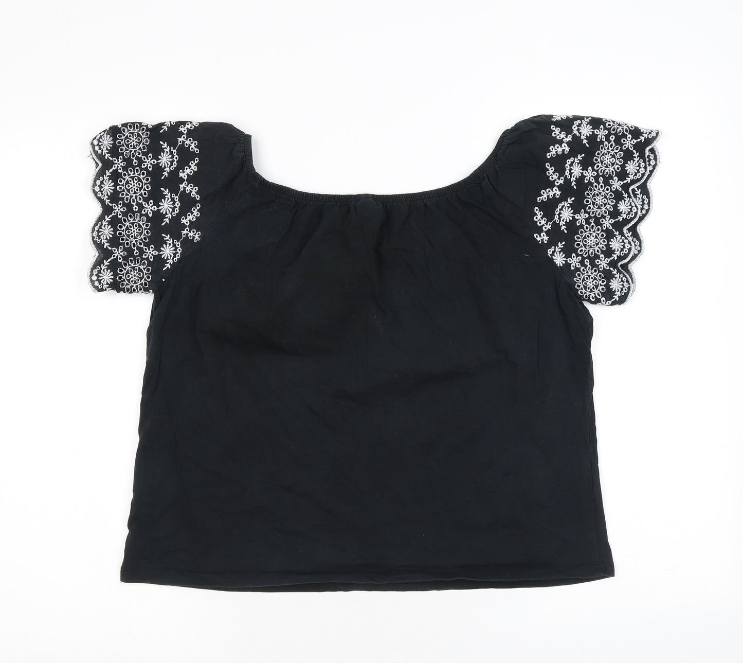 H&M Womens Black Cotton Basic T-Shirt Size XS Square Neck - Embroidery