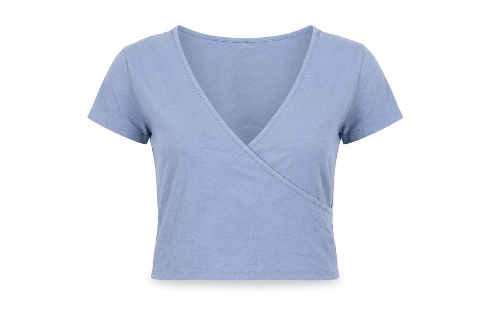 Front view of Me to We women’s blue cotton basic t-shirt, size M, v-neck - cropped