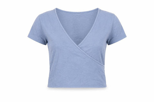 Front view of Me to We women’s blue cotton basic t-shirt, size M, v-neck - cropped