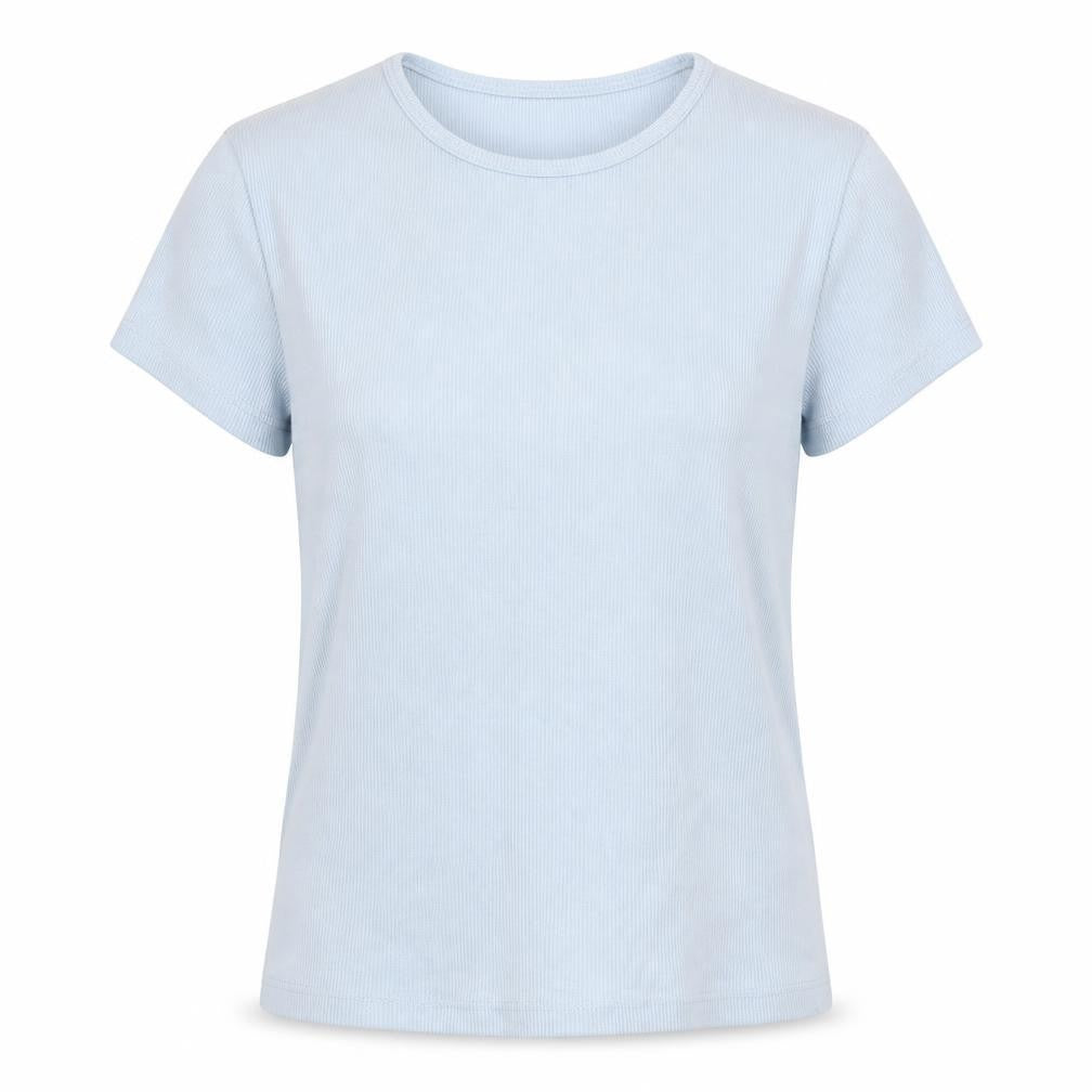 Front view of Bershka women’s blue polyester basic t-shirt, size M, round neck