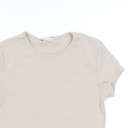 Bershka Womens Beige Polyester Basic T-Shirt Size M Round Neck