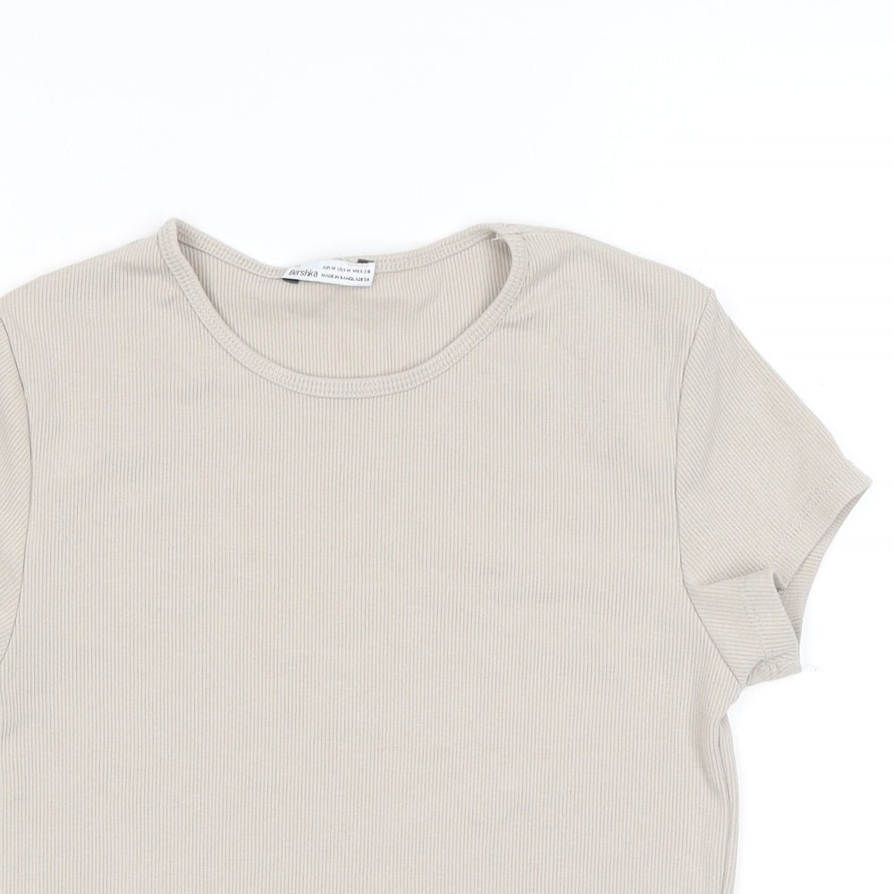 Bershka Womens Beige Polyester Basic T-Shirt Size M Round Neck