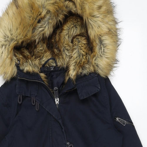 Topshop Womens Blue Parka Coat Size 8 Zip - Faux Fur Trim