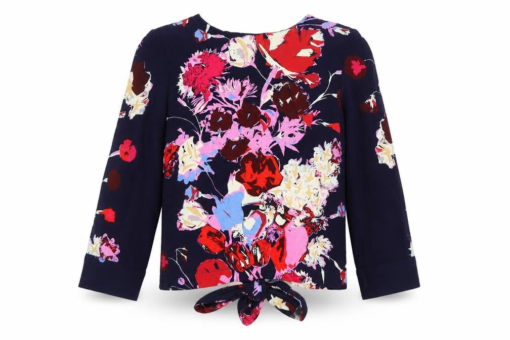 Front view of Finery women’s multicoloured floral viscose basic blouse, size UK 8, round neck