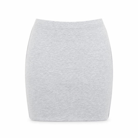 Front view of Boohoo women’s grey polyester bandage skirt, size UK 8, - elastic waist