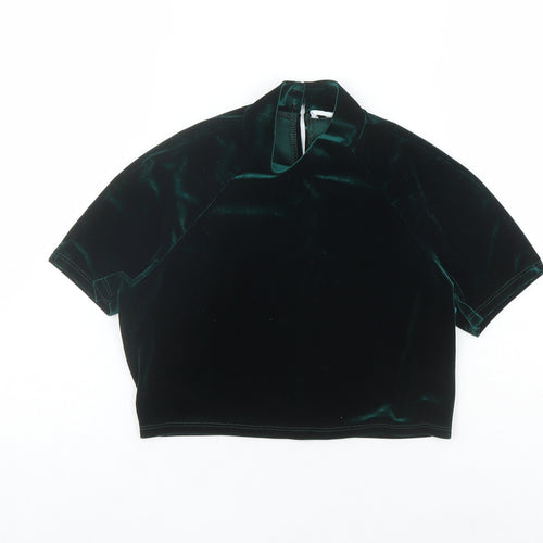 Flounce Womens Green Polyester Cropped T-Shirt Size 12 Mock Neck