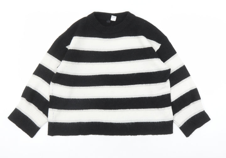 Divided by H&M Womens Black Round Neck Striped Acrylic Pullover Jumper Size S