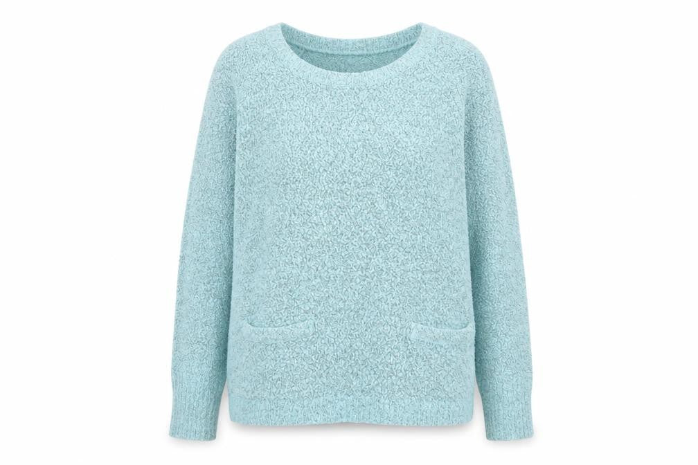Front view of M&Co women’s blue round neck acetate jumper, size M, - pockets