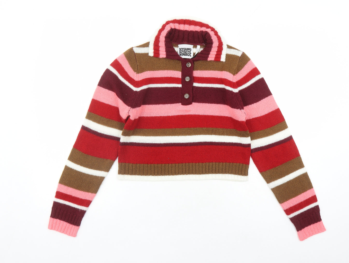 Reclaimed Vintage Womens Multicoloured Collared Striped Acrylic Pullover Jumper Size 10