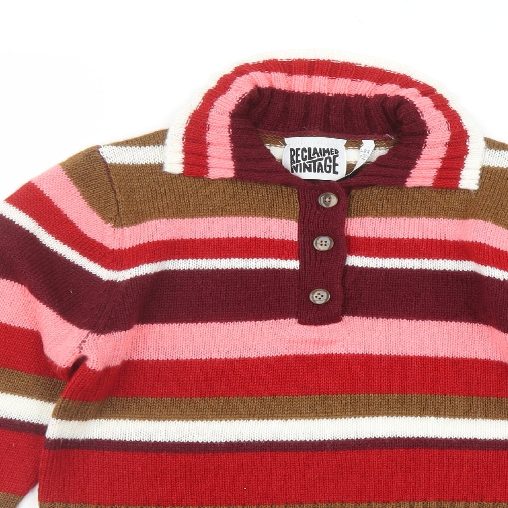 Reclaimed Vintage Womens Multicoloured Collared Striped Acrylic Pullover Jumper Size 10