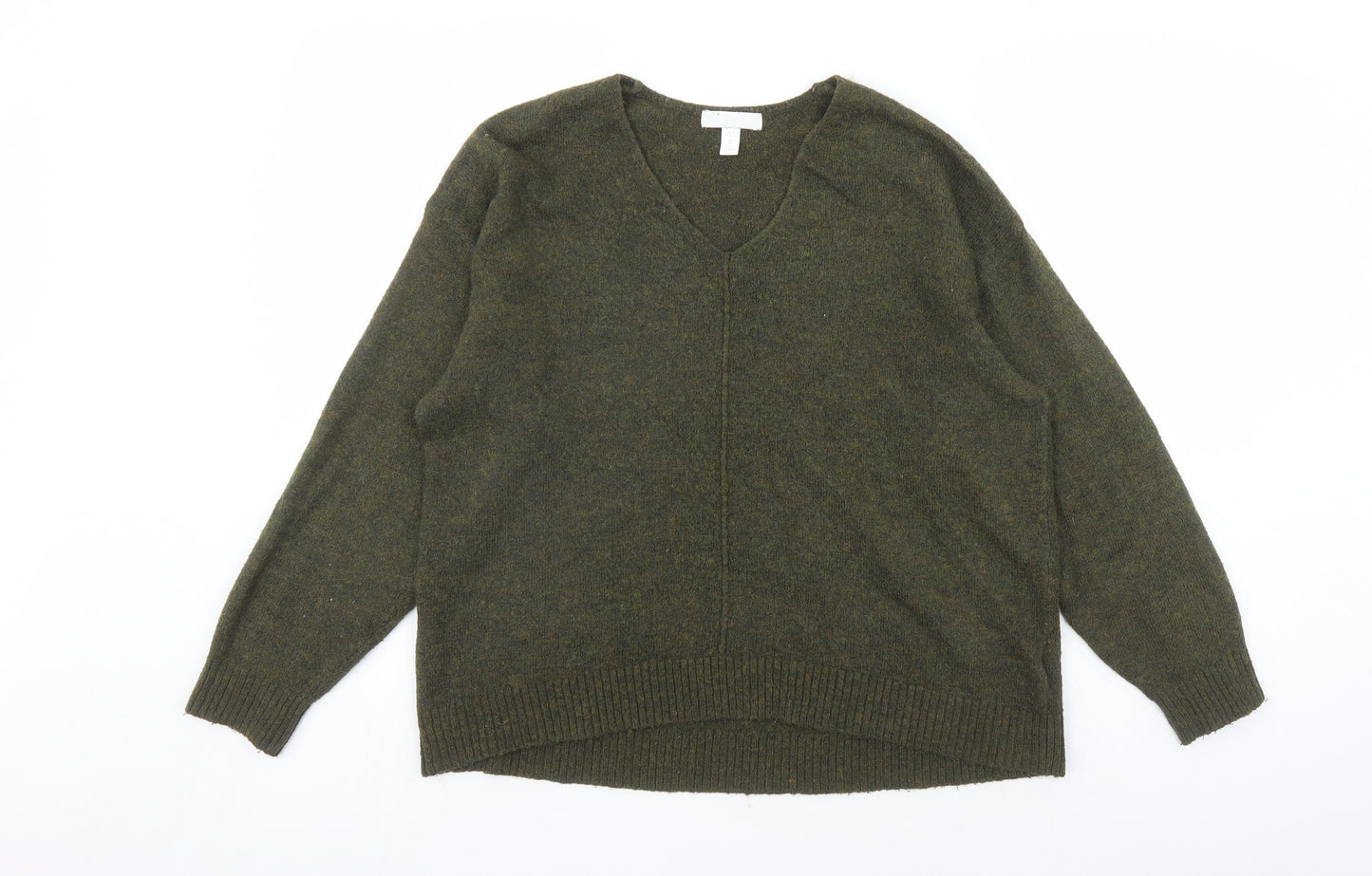 H&M Womens Green V-Neck Acrylic Pullover Jumper Size M
