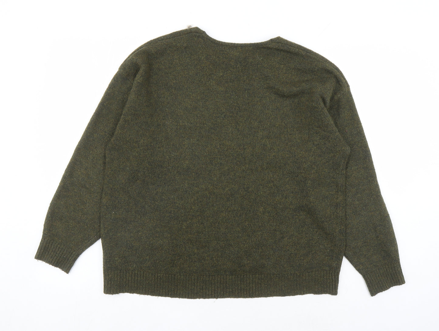 H&M Womens Green V-Neck Acrylic Pullover Jumper Size M