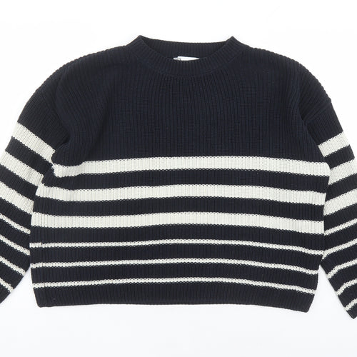 Zara Womens Blue Round Neck Striped Cotton Pullover Jumper Size S