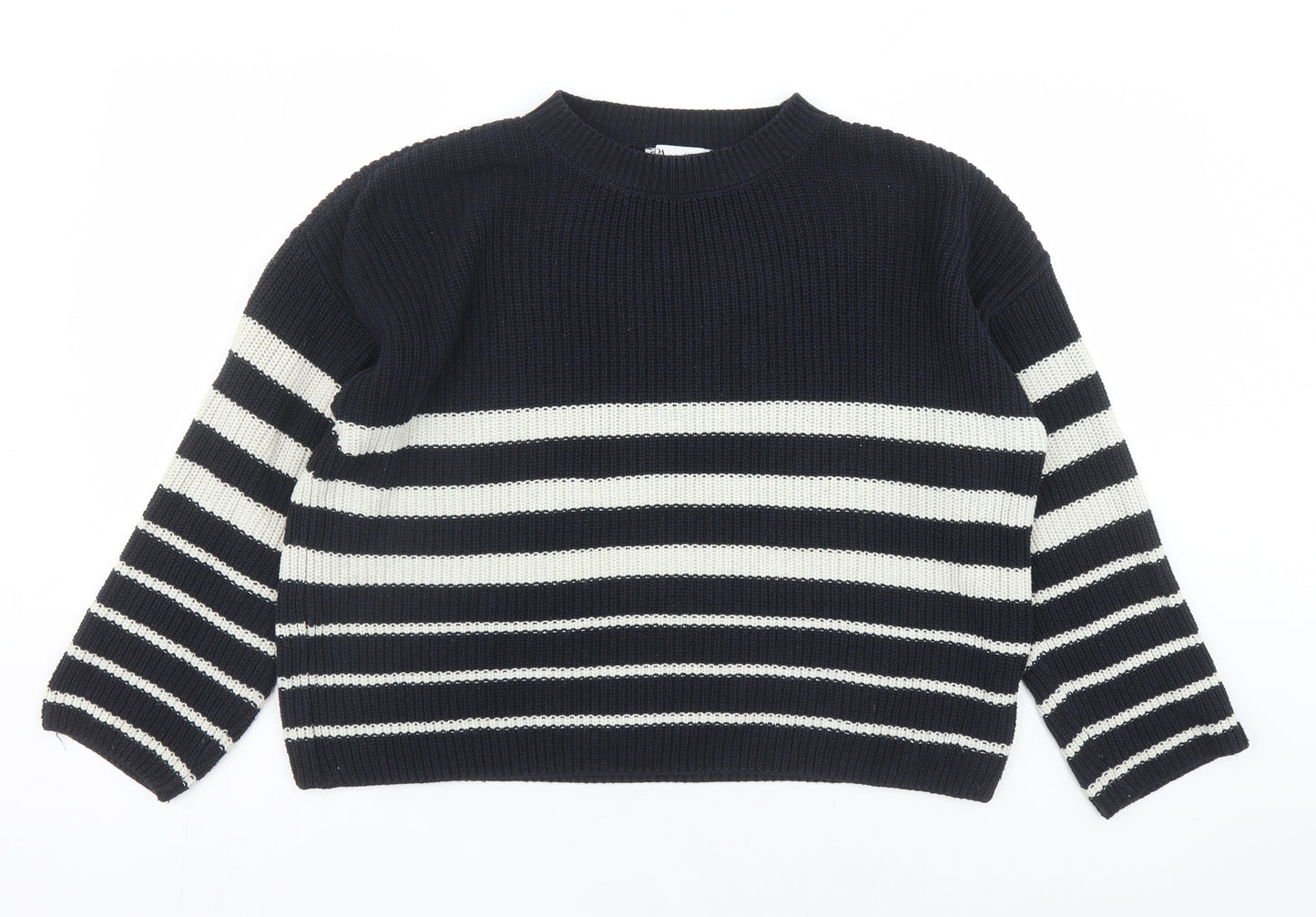 Zara Womens Blue Round Neck Striped Cotton Pullover Jumper Size S