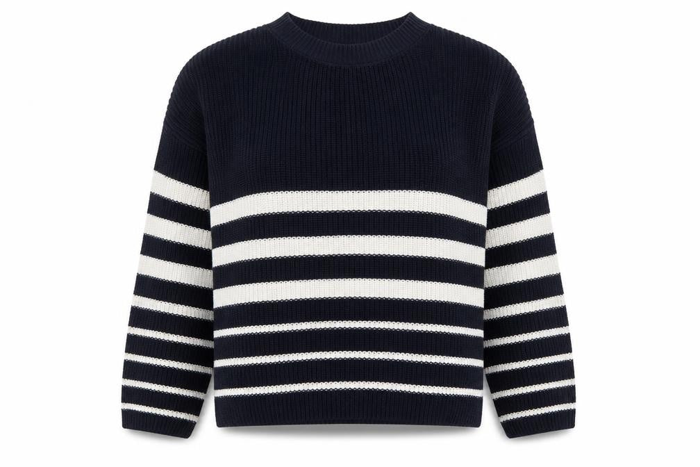 Front view of Zara women’s blue round neck striped cotton jumper, size S